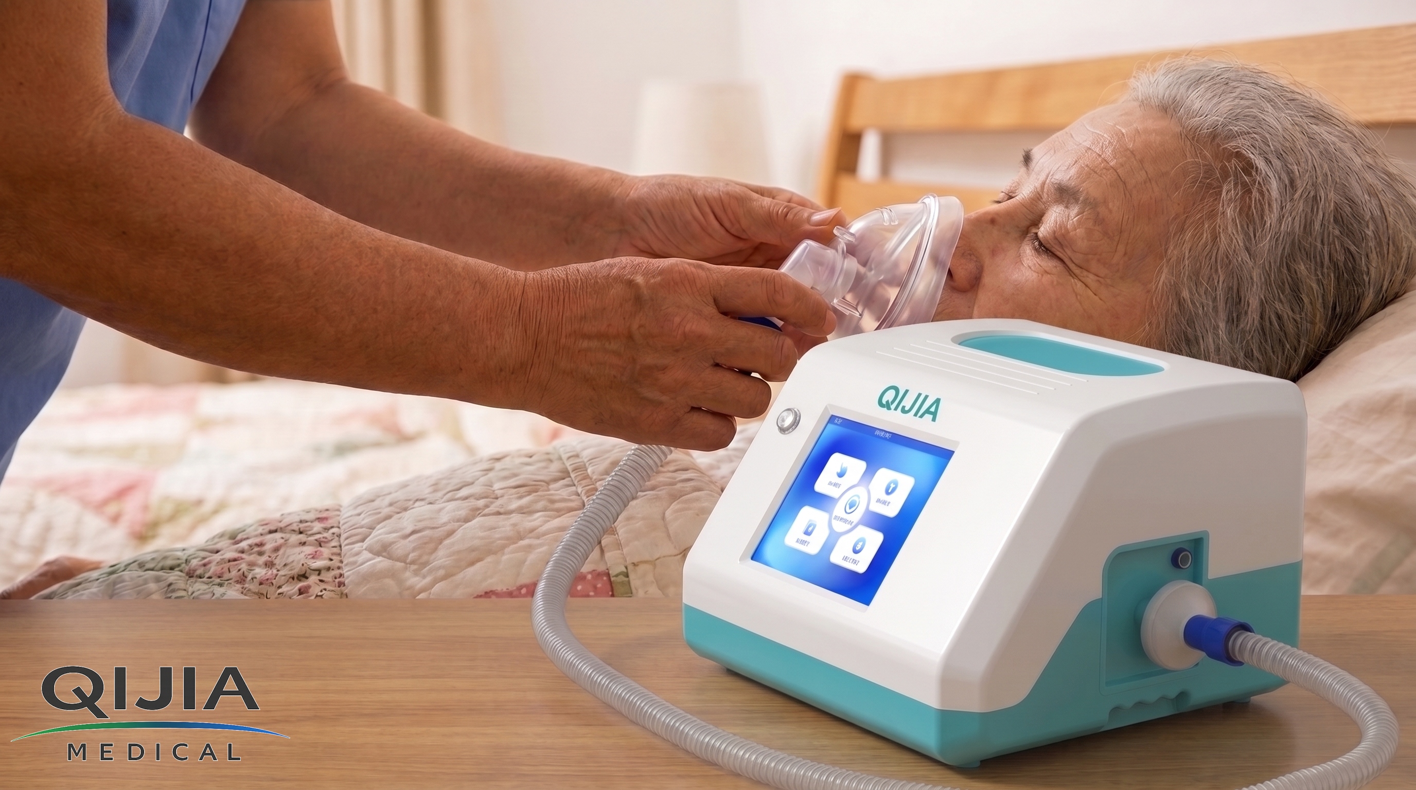 Caregiver_placing_mask_on_patient_cough_assist_device Caregiver_placing_mask_on_patient_cough_assist_device